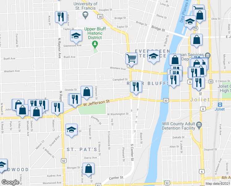 map of restaurants, bars, coffee shops, grocery stores, and more near 428 Oneida Street in Joliet