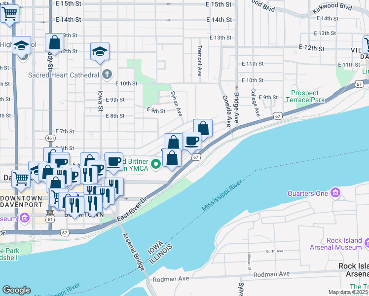 map of restaurants, bars, coffee shops, grocery stores, and more near 814 Charlotte Street in Davenport