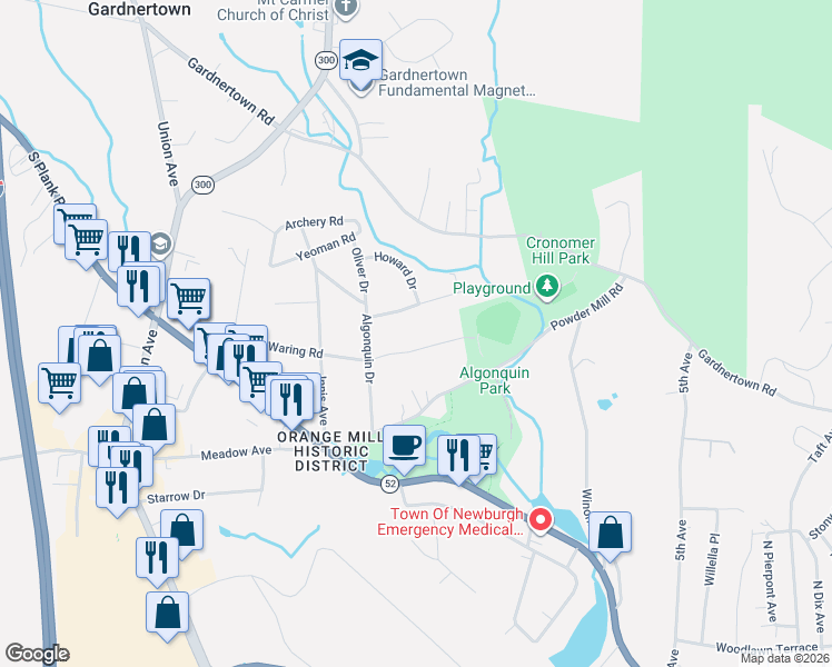 map of restaurants, bars, coffee shops, grocery stores, and more near 33 Waring Road in Newburgh