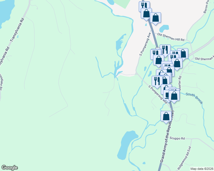 map of restaurants, bars, coffee shops, grocery stores, and more near 68 Pomperaug Road in Woodbury