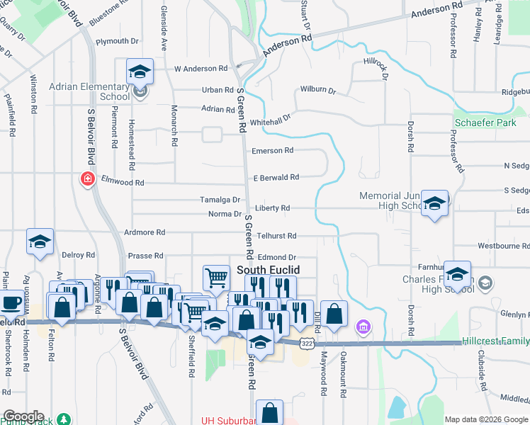 map of restaurants, bars, coffee shops, grocery stores, and more near 4477 Liberty Road in South Euclid