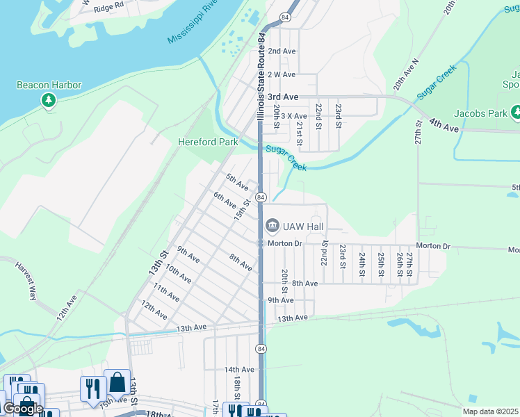 map of restaurants, bars, coffee shops, grocery stores, and more near 630 Martin Luther King Drive in East Moline