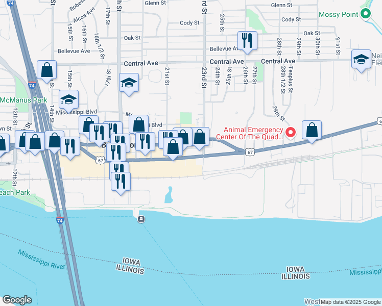 map of restaurants, bars, coffee shops, grocery stores, and more near 2226 State Street in Bettendorf