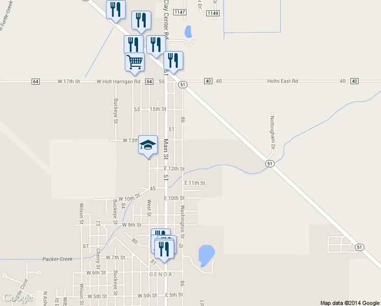 map of restaurants, bars, coffee shops, grocery stores, and more near 1213 Washington Street in Genoa