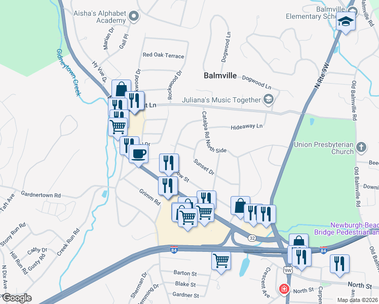 map of restaurants, bars, coffee shops, grocery stores, and more near 106 Chadwick Place in Newburgh