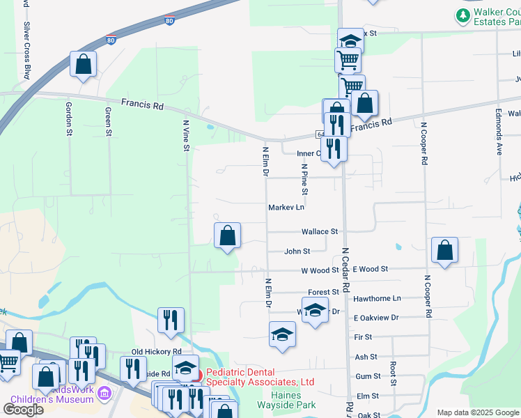 map of restaurants, bars, coffee shops, grocery stores, and more near 300 Ashley Drive in New Lenox