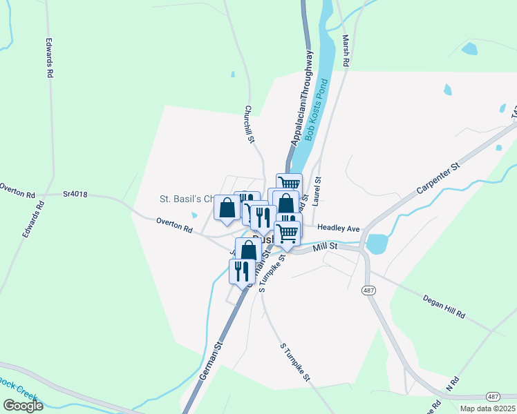 map of restaurants, bars, coffee shops, grocery stores, and more near 123 Churchill Street in Dushore