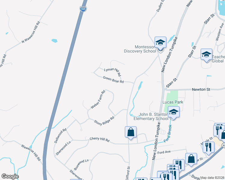 map of restaurants, bars, coffee shops, grocery stores, and more near 45 Weber Farm Road in Norwich