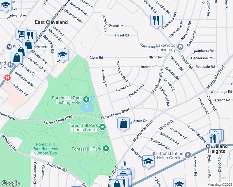 map of restaurants, bars, coffee shops, grocery stores, and more near 15726 Henley Road in East Cleveland