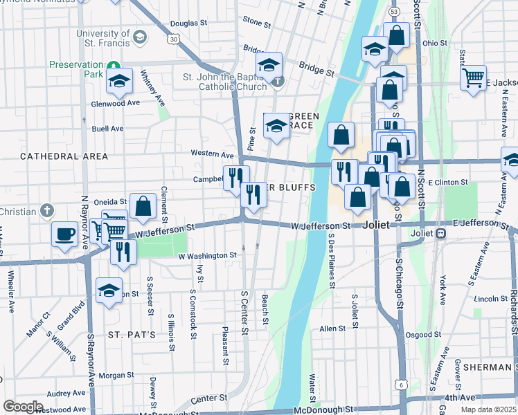 map of restaurants, bars, coffee shops, grocery stores, and more near 116 North Center Street in Joliet