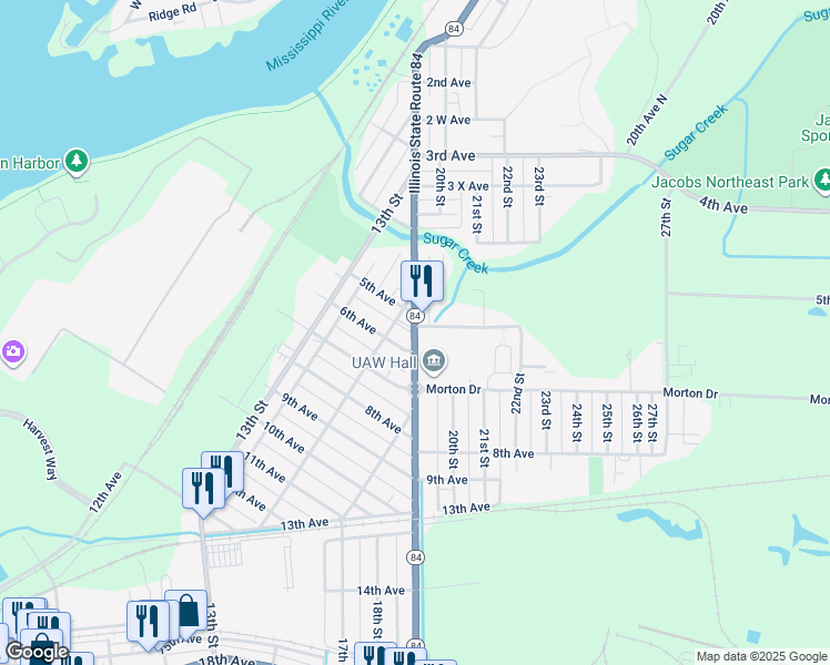 map of restaurants, bars, coffee shops, grocery stores, and more near 630 Martin Luther King Drive in East Moline