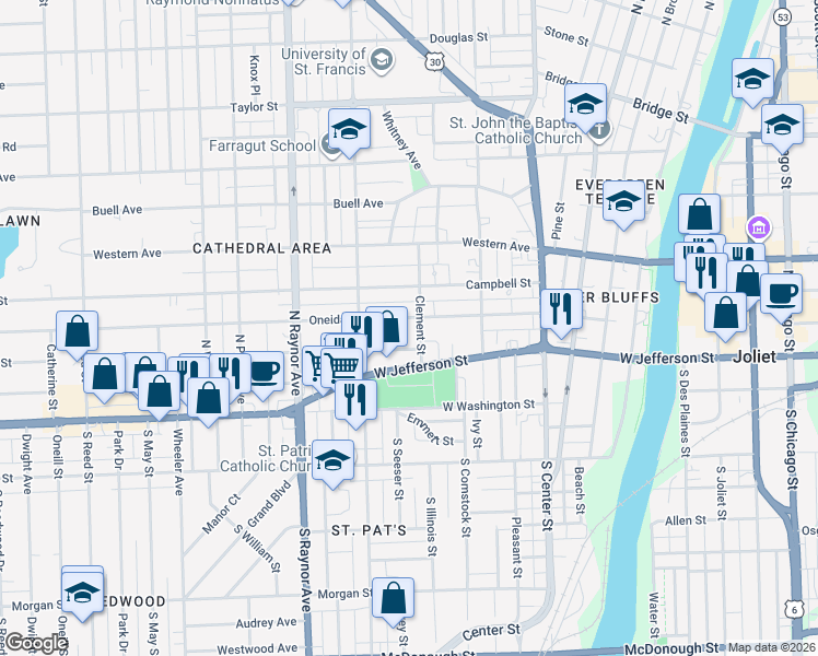 map of restaurants, bars, coffee shops, grocery stores, and more near 602 Oneida Street in Joliet