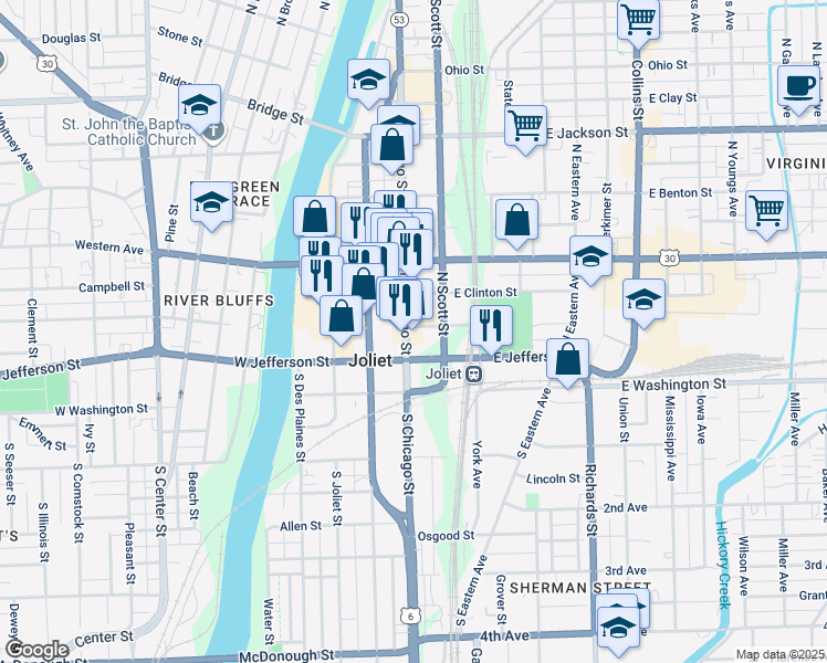 map of restaurants, bars, coffee shops, grocery stores, and more near 100n North Chicago Street in Joliet