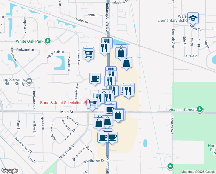 map of restaurants, bars, coffee shops, grocery stores, and more near 10353 Indianapolis Boulevard in Highland