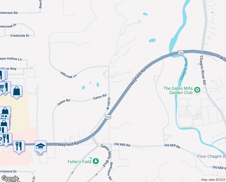 map of restaurants, bars, coffee shops, grocery stores, and more near 1279 West Hill Drive in Gates Mills