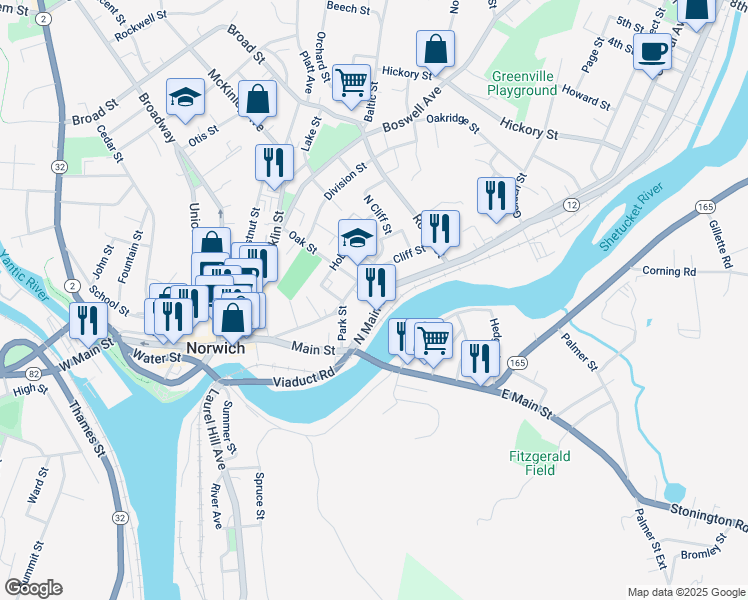 map of restaurants, bars, coffee shops, grocery stores, and more near 54 Main Street in Norwich
