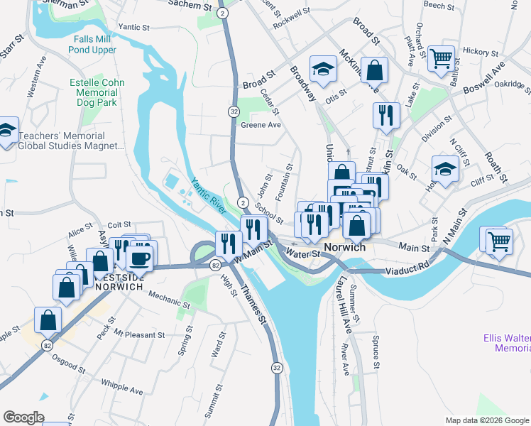 map of restaurants, bars, coffee shops, grocery stores, and more near 61 School Street in Norwich