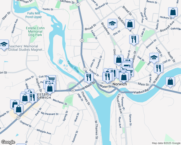 map of restaurants, bars, coffee shops, grocery stores, and more near 61 School Street in Norwich