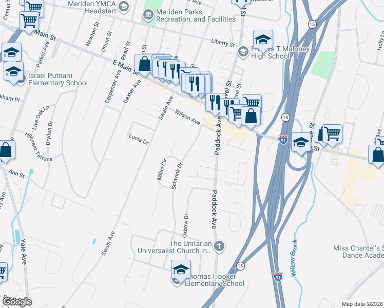 map of restaurants, bars, coffee shops, grocery stores, and more near 67 Schwink Drive in Meriden