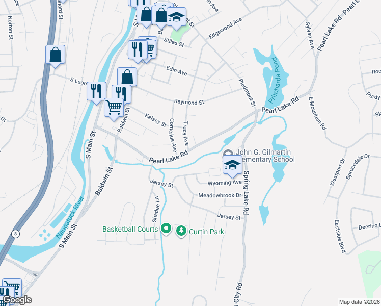 map of restaurants, bars, coffee shops, grocery stores, and more near 334 Pearl Lake Road in Waterbury