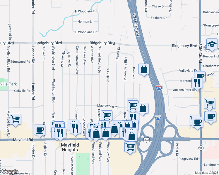 map of restaurants, bars, coffee shops, grocery stores, and more near 1270 Giesse Drive in Mayfield Heights