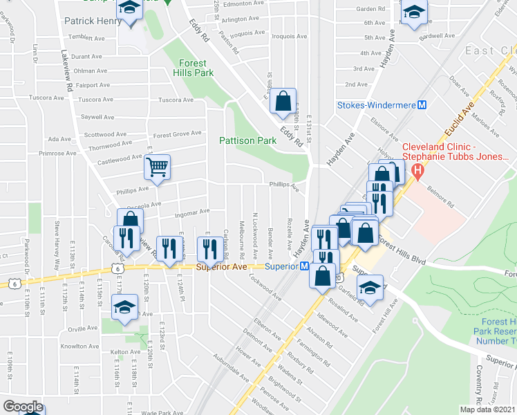 map of restaurants, bars, coffee shops, grocery stores, and more near 1194 North Lockwood Avenue in East Cleveland