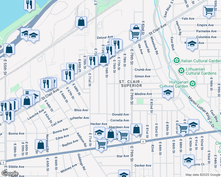 map of restaurants, bars, coffee shops, grocery stores, and more near 1063 East 76th Street in Cleveland