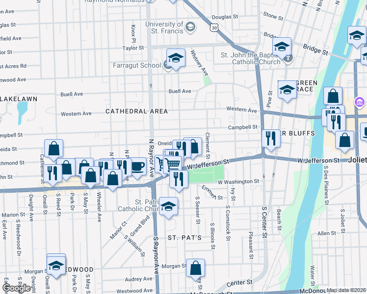 map of restaurants, bars, coffee shops, grocery stores, and more near 618 Oneida Street in Joliet