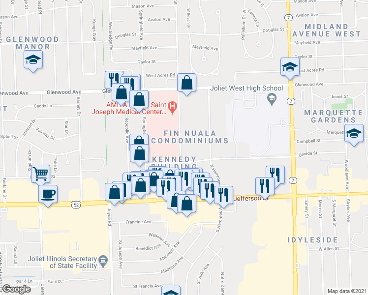 map of restaurants, bars, coffee shops, grocery stores, and more near 210 Madison Street in Joliet