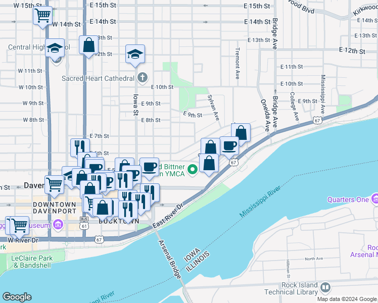 map of restaurants, bars, coffee shops, grocery stores, and more near 630 East 6th Street in Davenport