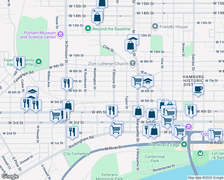 map of restaurants, bars, coffee shops, grocery stores, and more near 611 Fillmore Street in Davenport
