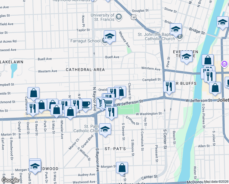 map of restaurants, bars, coffee shops, grocery stores, and more near 618 Oneida Street in Joliet