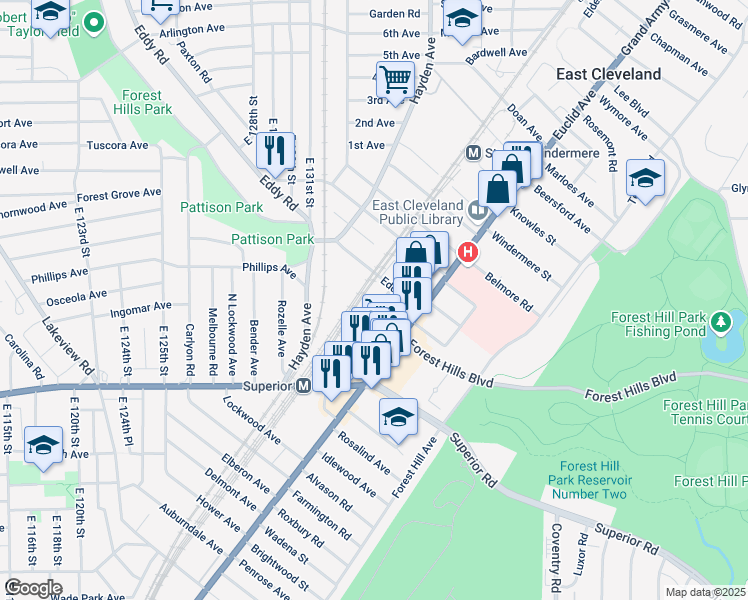 map of restaurants, bars, coffee shops, grocery stores, and more near 1749 Wheeler Avenue in East Cleveland