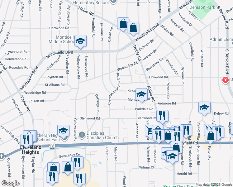 map of restaurants, bars, coffee shops, grocery stores, and more near 1259 Cleveland Heights Boulevard in Cleveland Heights