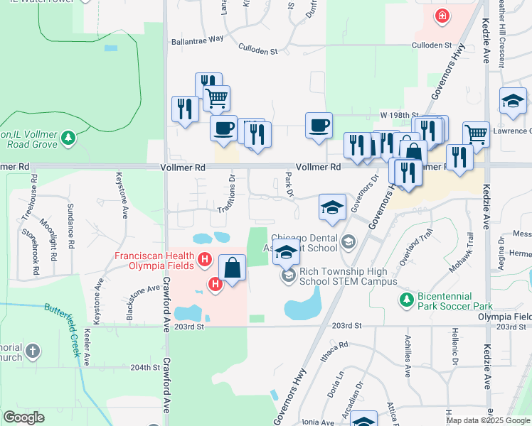 map of restaurants, bars, coffee shops, grocery stores, and more near 3633 Breakers Drive in Olympia Fields