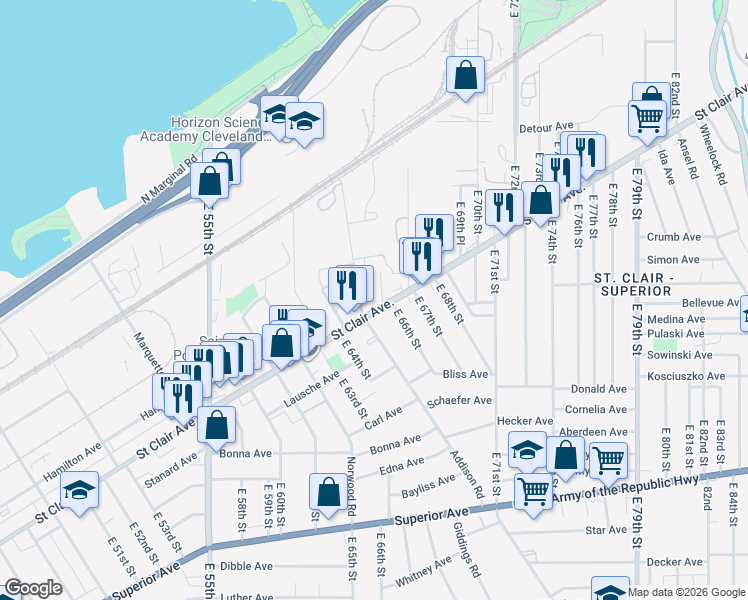map of restaurants, bars, coffee shops, grocery stores, and more near 6521 Saint Clair Avenue in Cleveland