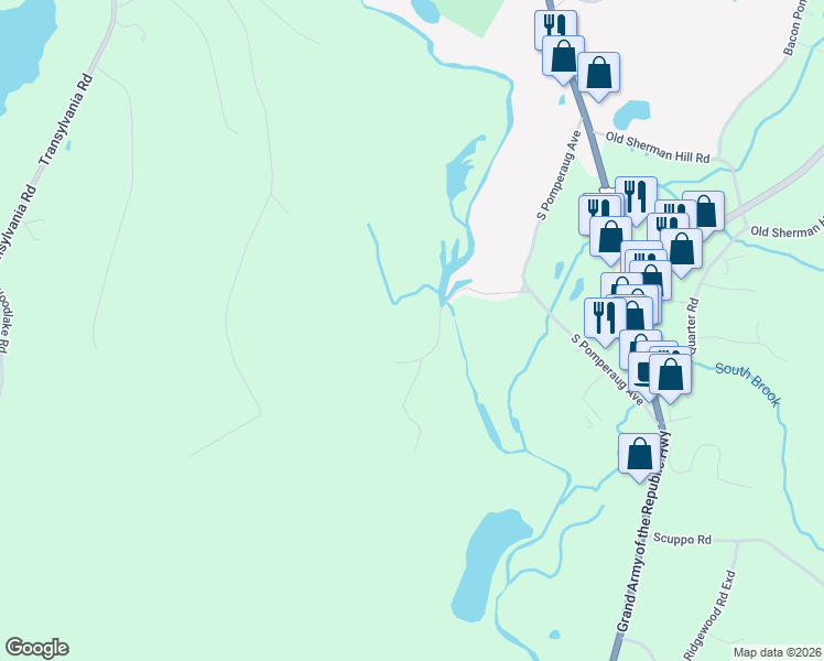 map of restaurants, bars, coffee shops, grocery stores, and more near 68 Pomperaug Road in Woodbury