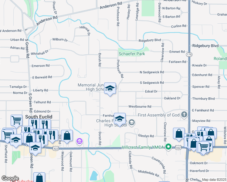 map of restaurants, bars, coffee shops, grocery stores, and more near 1250 Professor Road in Cleveland