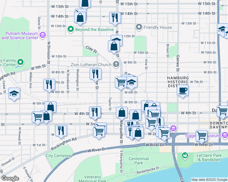 map of restaurants, bars, coffee shops, grocery stores, and more near 1226 West 6th Street in Davenport