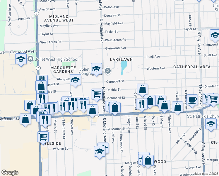 map of restaurants, bars, coffee shops, grocery stores, and more near 1313 Oneida Street in Joliet