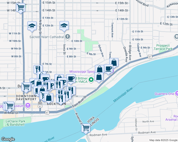 map of restaurants, bars, coffee shops, grocery stores, and more near 637 East 6th Street in Davenport