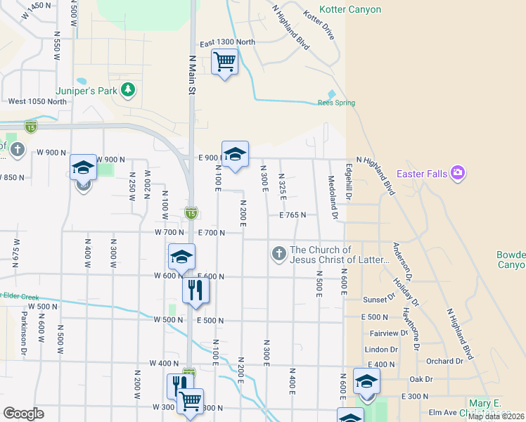 map of restaurants, bars, coffee shops, grocery stores, and more near 771 North 300 East in Brigham City