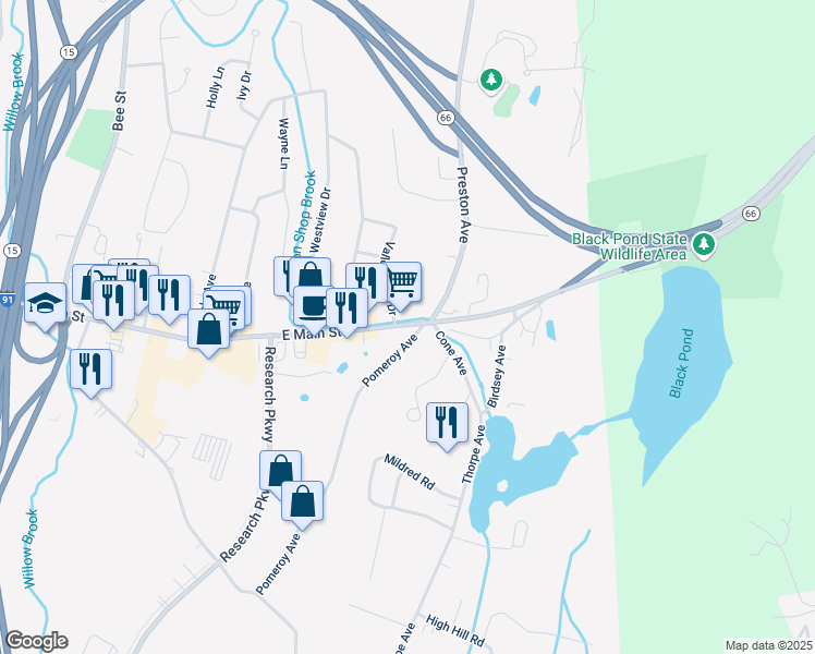 map of restaurants, bars, coffee shops, grocery stores, and more near 1371 East Main Street in Meriden