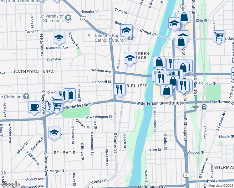 map of restaurants, bars, coffee shops, grocery stores, and more near 116 North Center Street in Joliet