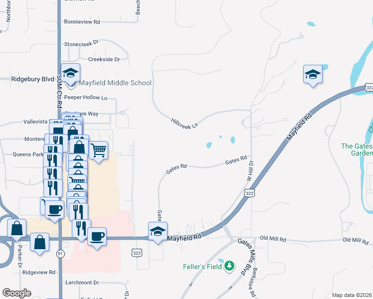 map of restaurants, bars, coffee shops, grocery stores, and more near 6999 Gates Road in Gates Mills
