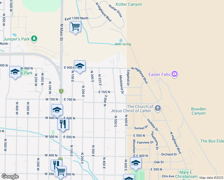 map of restaurants, bars, coffee shops, grocery stores, and more near 497 East 765 North in Brigham City