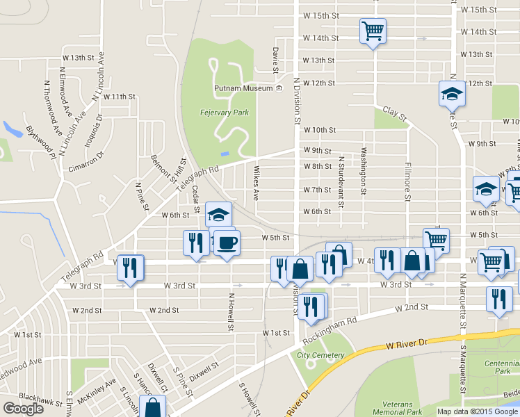 map of restaurants, bars, coffee shops, grocery stores, and more near 601 Wilkes Avenue in Davenport