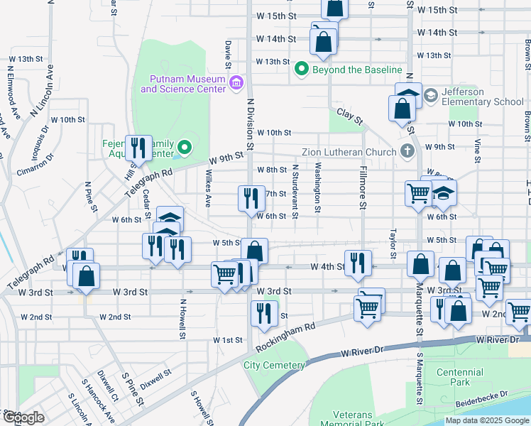 map of restaurants, bars, coffee shops, grocery stores, and more near 1708 West 6th Street in Davenport