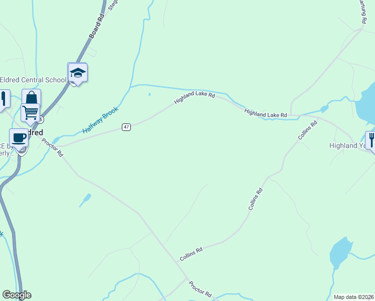 map of restaurants, bars, coffee shops, grocery stores, and more near 30 Highland Lake Rd in Eldred