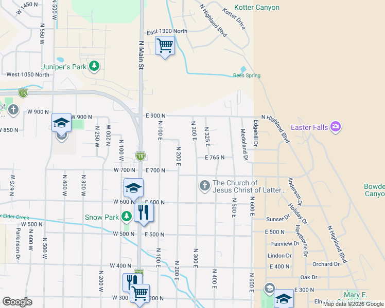 map of restaurants, bars, coffee shops, grocery stores, and more near 771 North 300 East in Brigham City